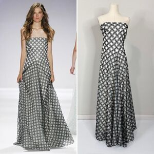 Tadashi Shoji Lattice Embroidered Tulle Black White Strapless Dress Gown $588